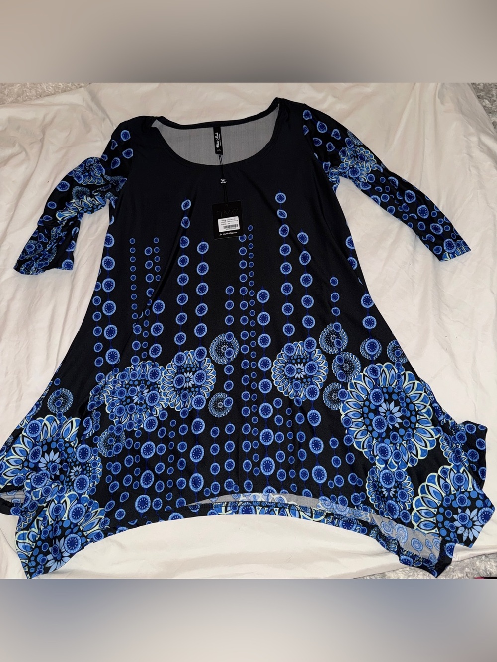 White Mark Black Tunic with Blue Floral Circle Print